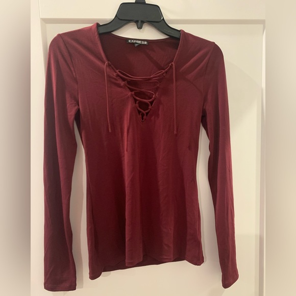 Red lace up front long sleeve top. Size small. - Picture 6 of 8
